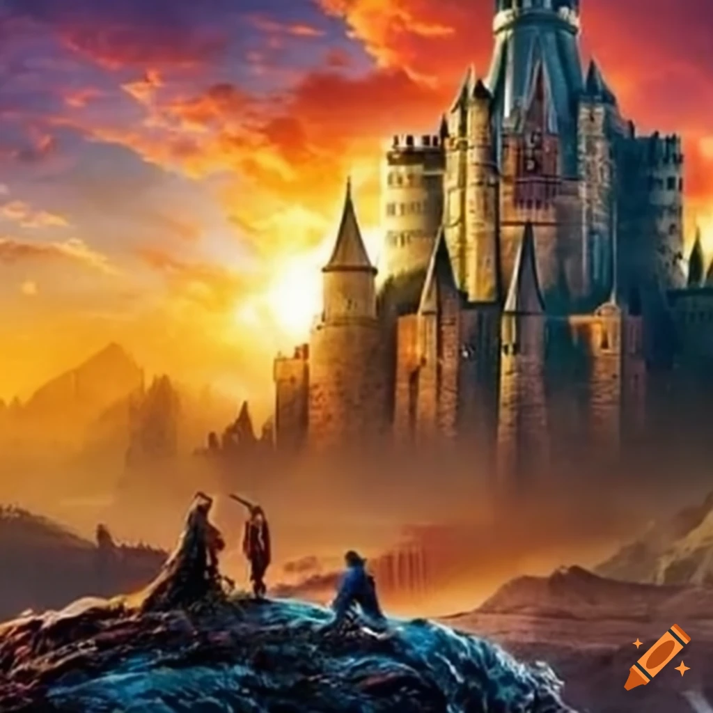 High fantasy movie poster featuring monsters, heroes, and a dark castle