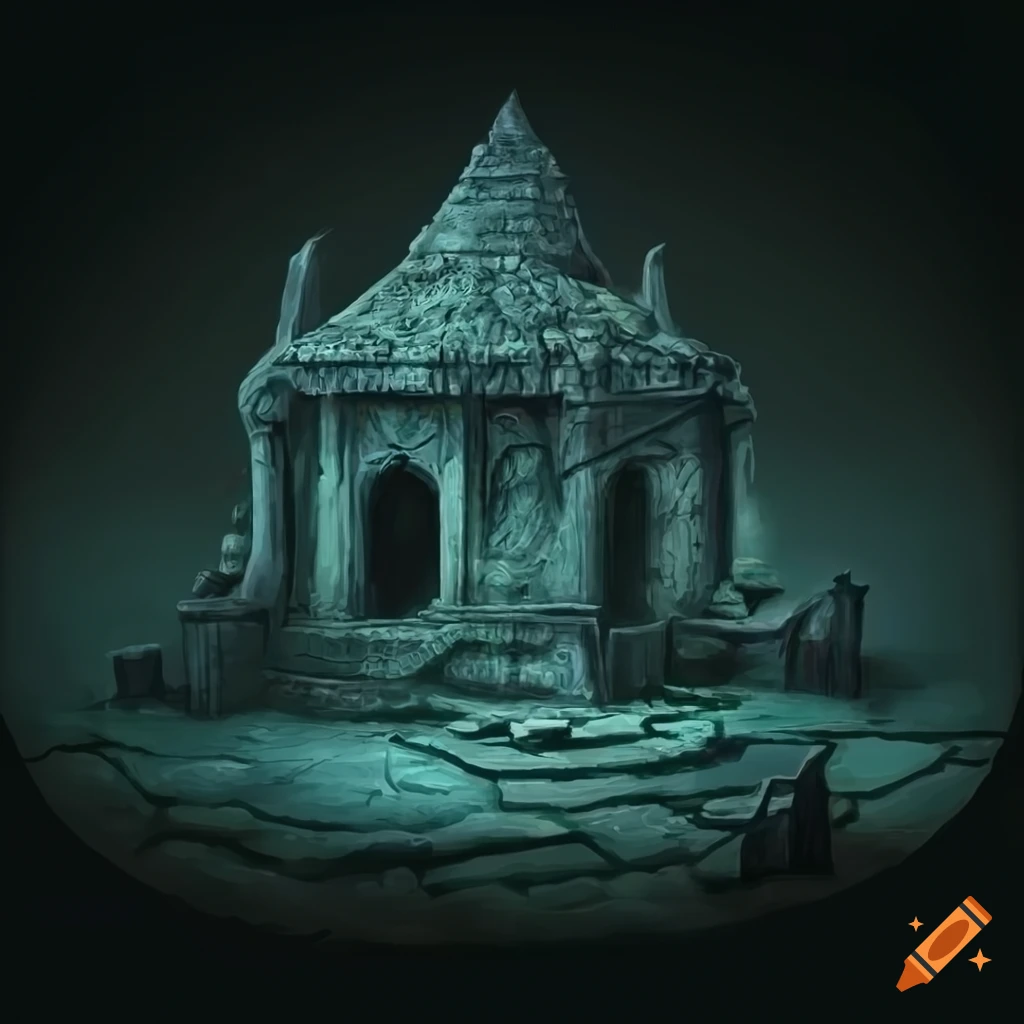 Fantasy graveyard with a wizard tomb in a maze-like structure on a black background