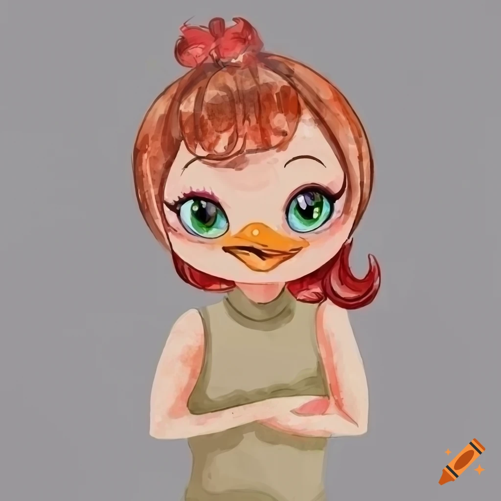 Chubby anthropomorphic duck girl with red hair and green eyes