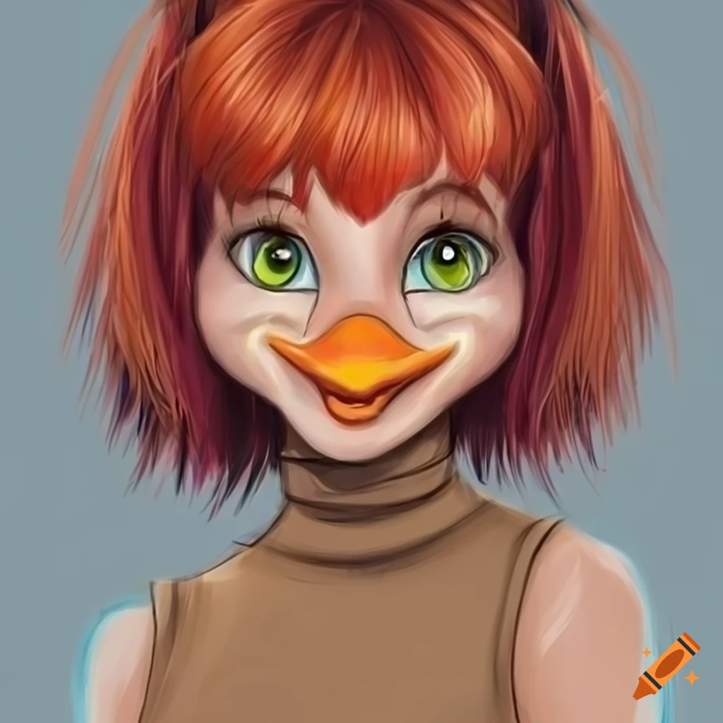 Chubby anthropomorphic duck girl with red hair in short pigtails