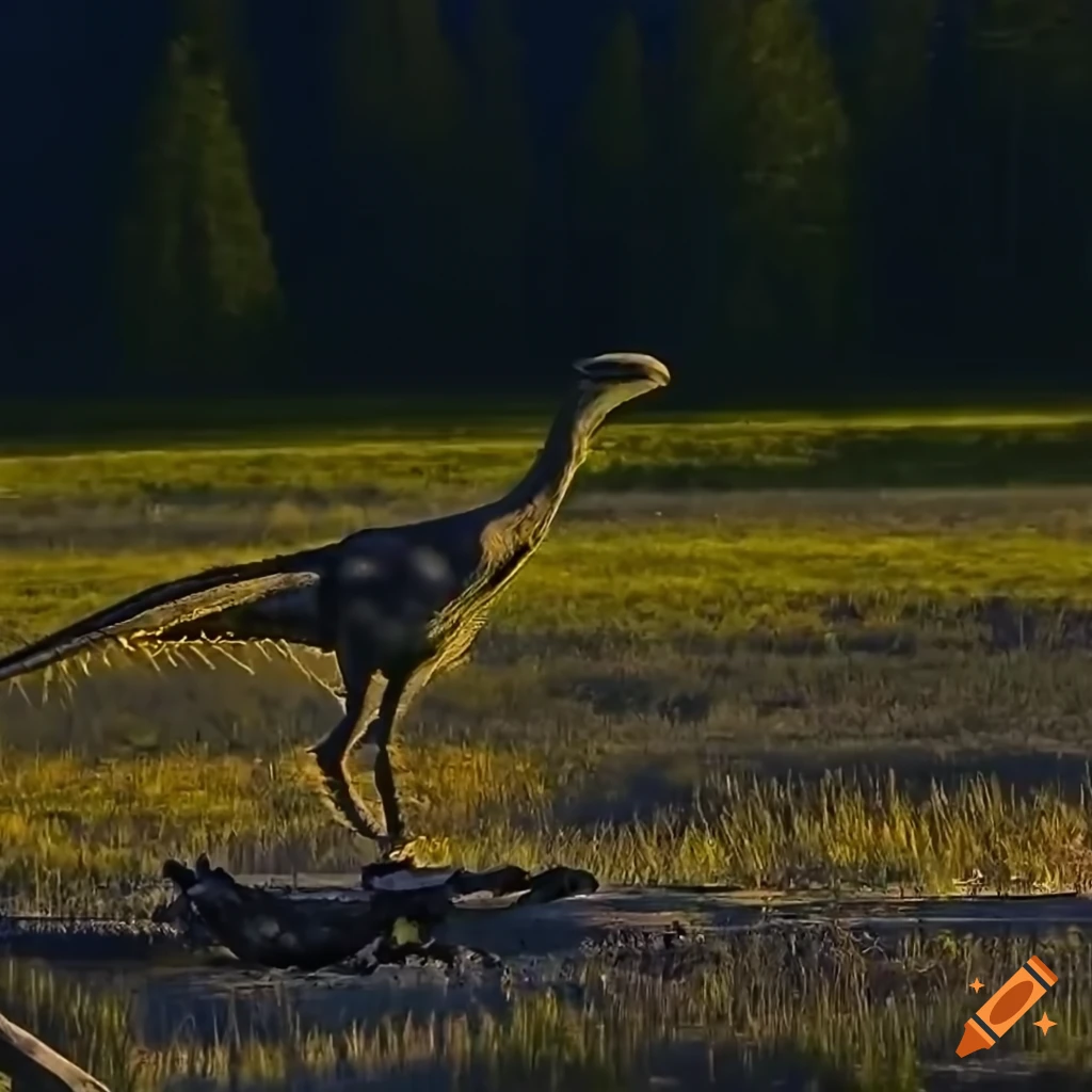 Feathered gallimimus dinosaurs with Houbara Bustard color pattern by a British Columbia lake