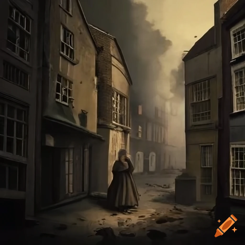 Poor emaciated residents in overcrowded 17th-century London neighborhood