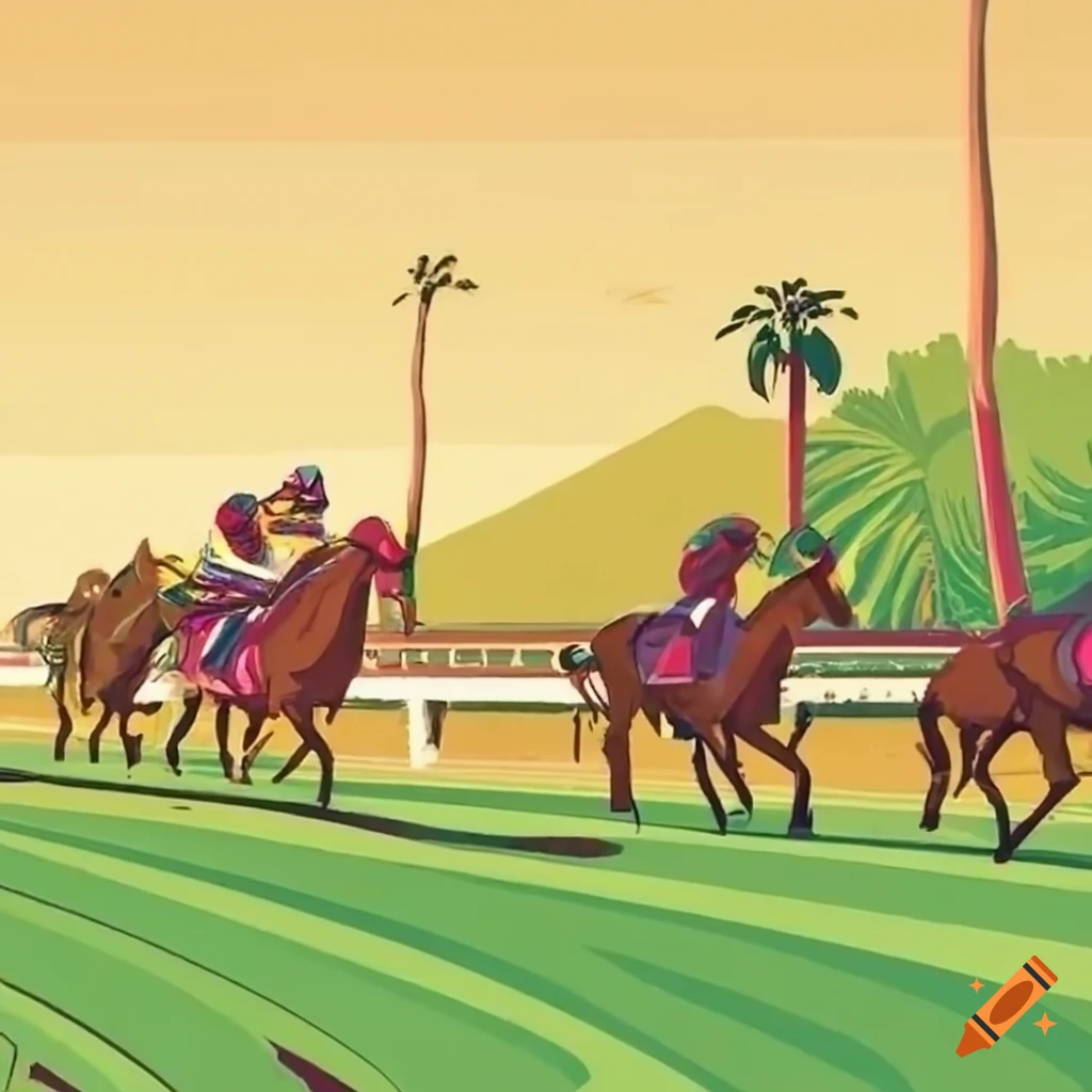 Race scene at Del Mar California Racetrack with palm trees in the background