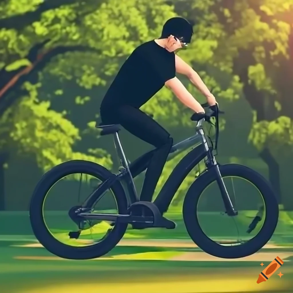Young man with black eyes riding a bike in a park