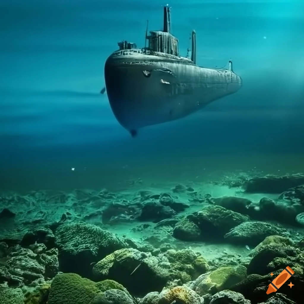 Sandy and rocky seaground with bubbles around a steampunk submarine