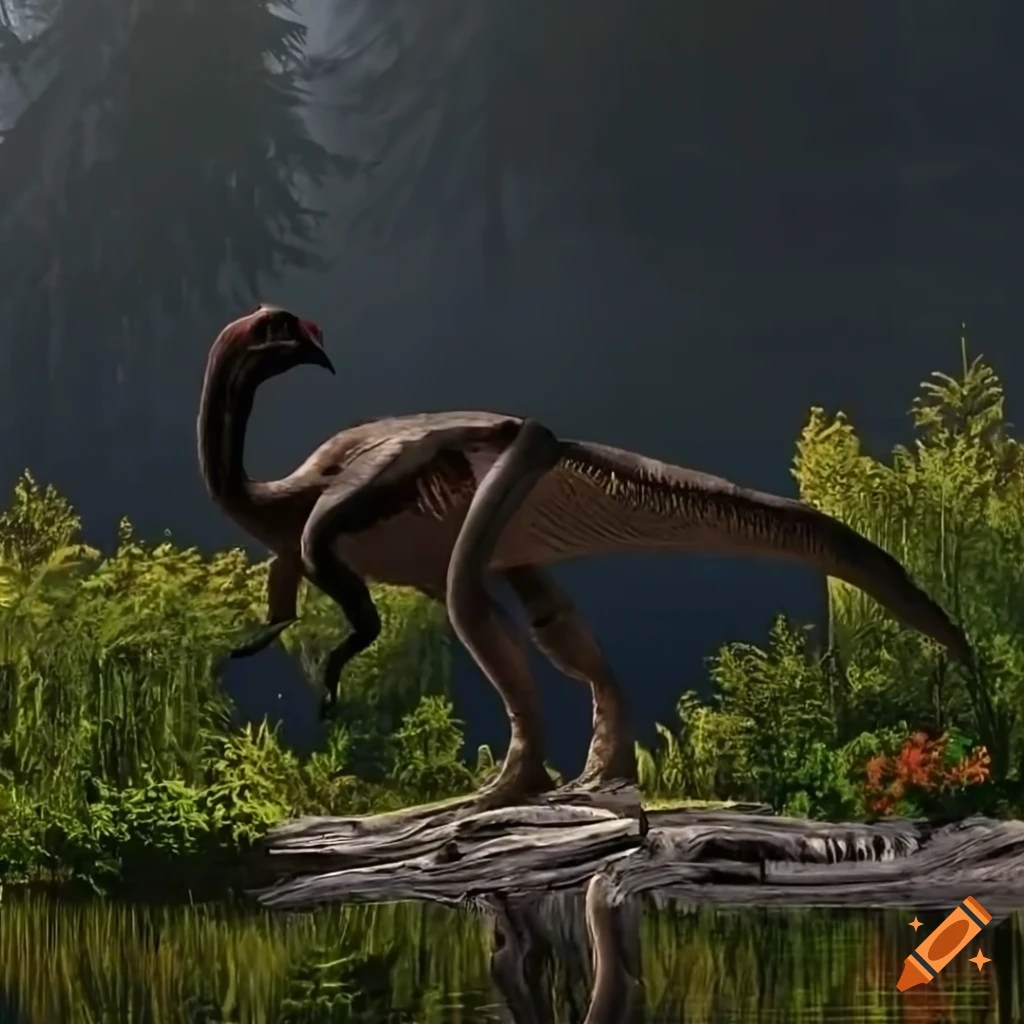 Feathered gallimimus dinosaurs with pheasant coloration at a British Columbia lake
