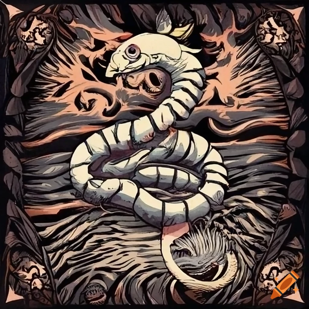 Religious serpent and fish depicted in woodcut style