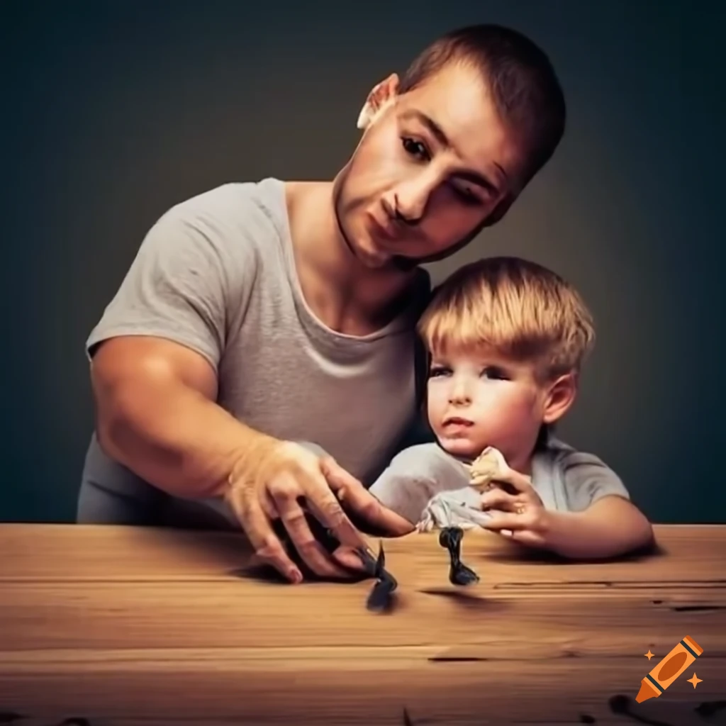 Man showing son a nail hole in wood