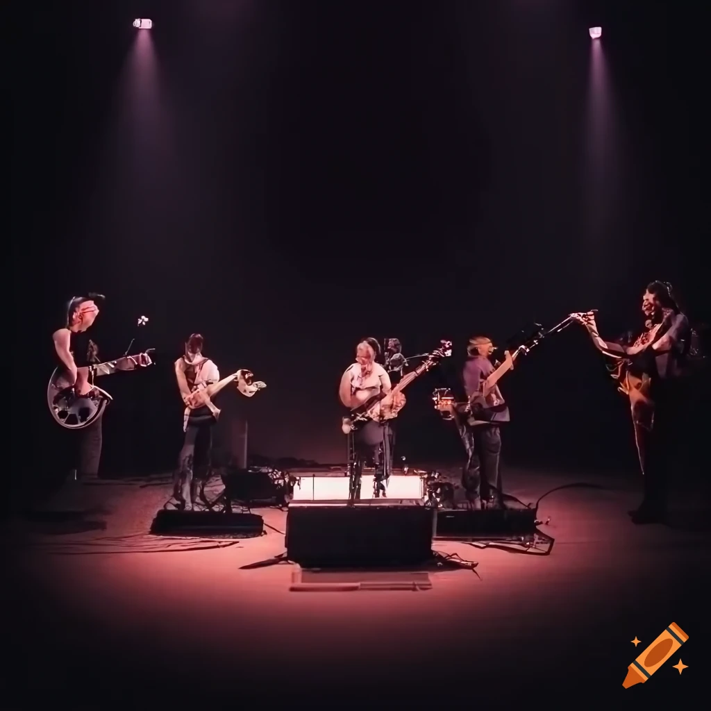 Band performing on a dark stage with a black background