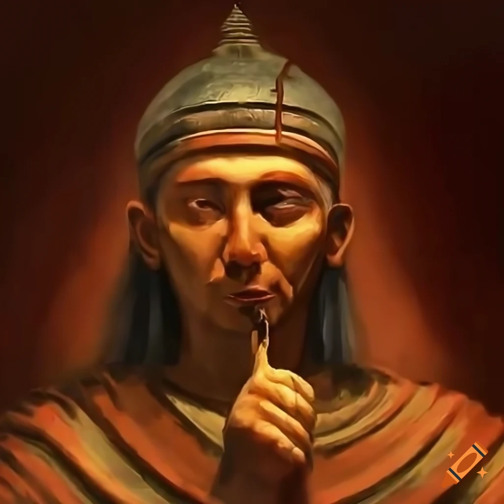 Ancient Hittite soldier in front of temple in historic painting
