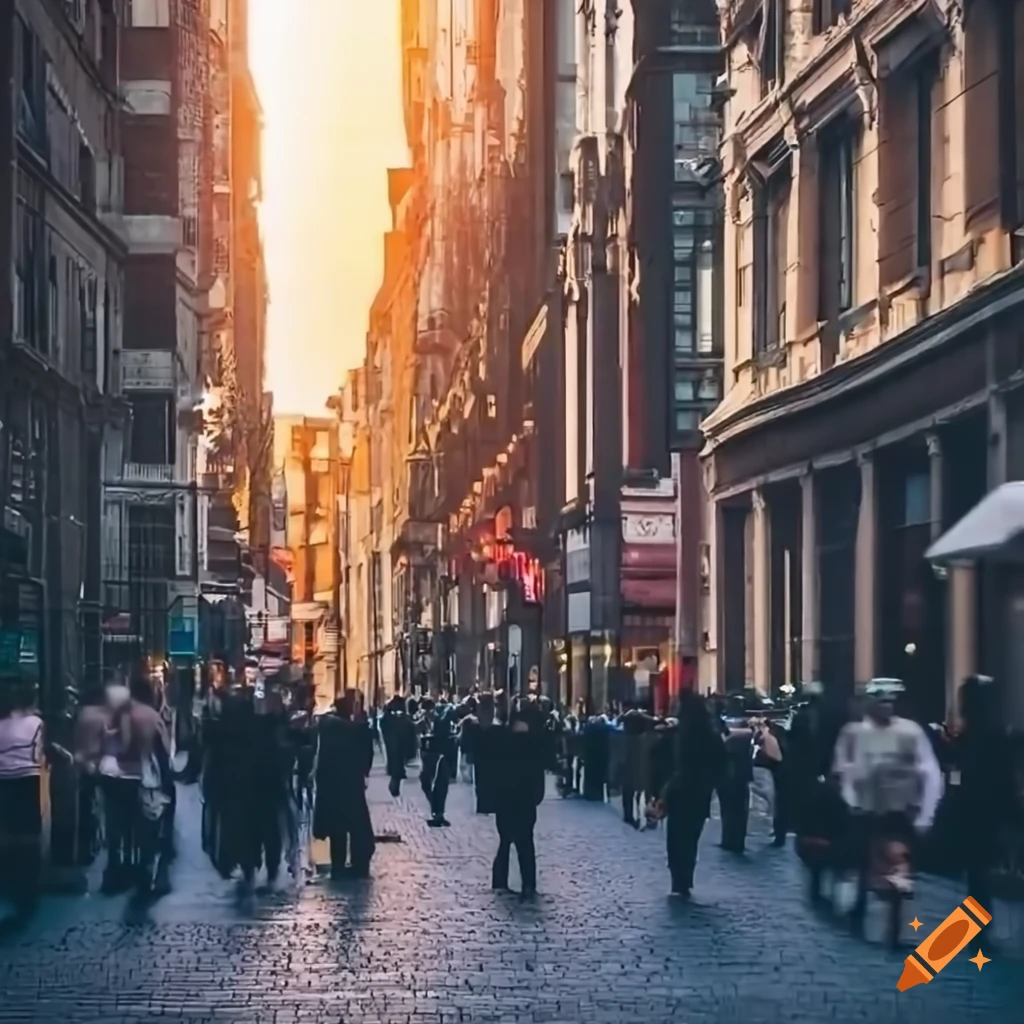 Busy city street with diverse people during golden hour