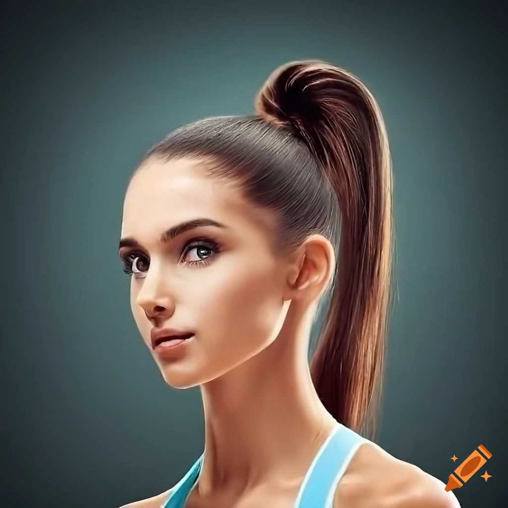 Portrait of a young sportswoman with a ponytail on a sports court background