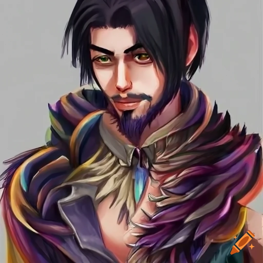 Anime time wizard character with black hair and beard