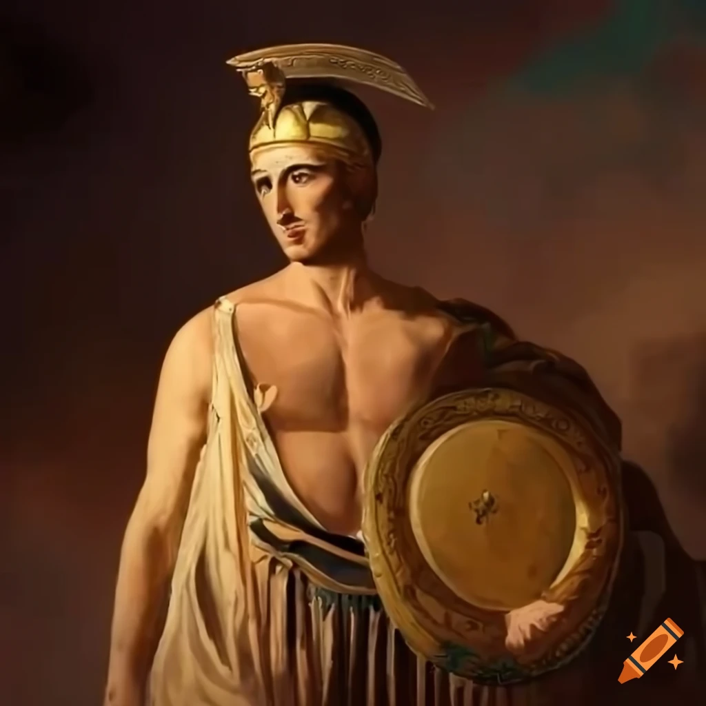 Ancient Greek soldier standing in front of a temple in a historic painting