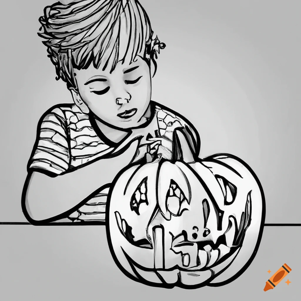 Boy carving a pumpkin for coloring book