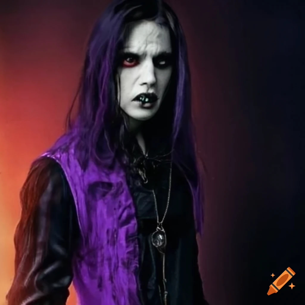 Jani Lane dressed as a vampire with dark hair and purple vest