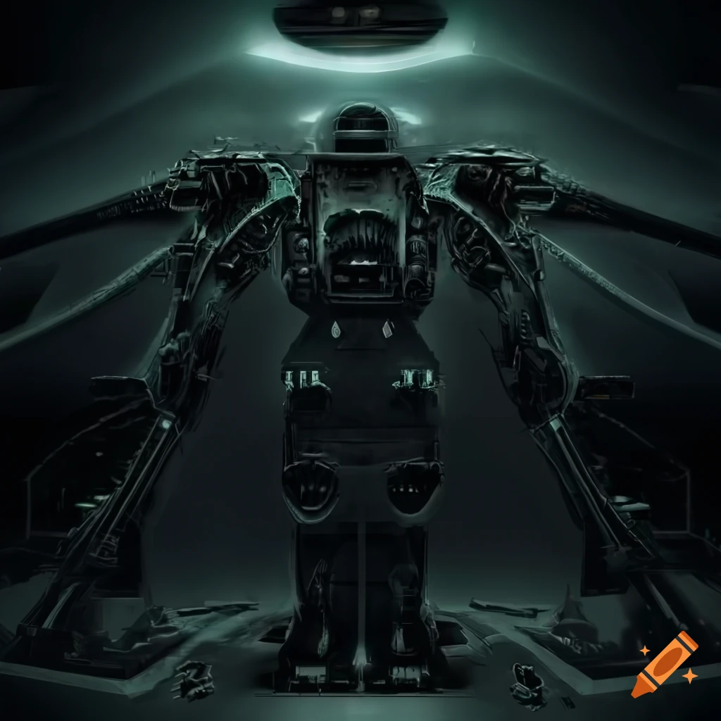 Surrealist aliens inside an organic spaceship with strange machines and light boards