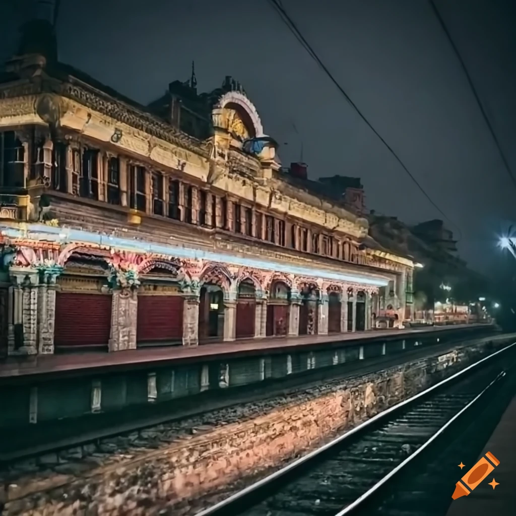 Train station with Dravidian temple-inspired architecture in the rain during early evening