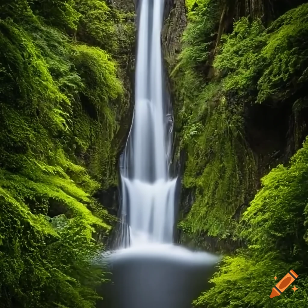 Mountain landscape with tall trees and waterfall