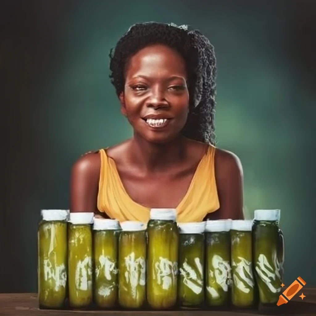 Black woman selling pickles at a stand in a vibrant market