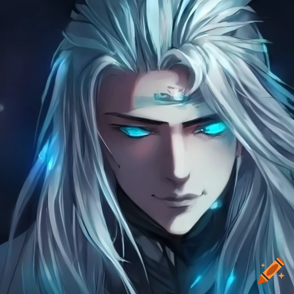 Stunning anime man with long silver hair and teal eyes