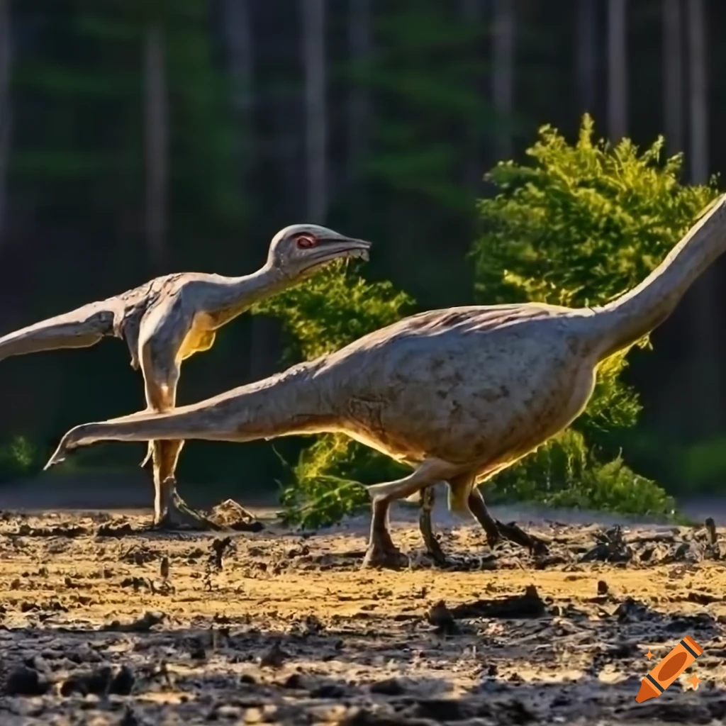 Feathered gallimimus dinosaurs with Houbara Bustard color pattern by a British Columbia lake