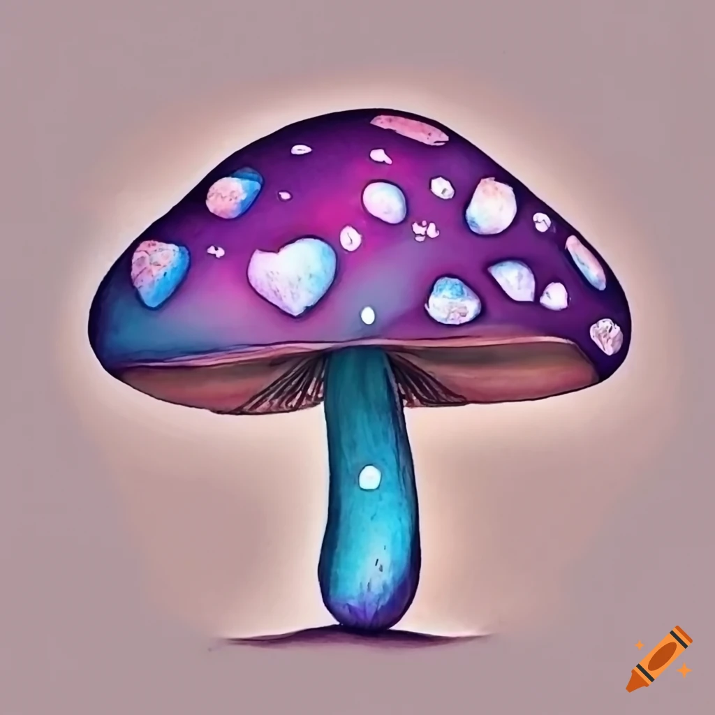 Whimsical cute mushroom with heart-shaped spots in pink, purple, and blue surrounded by cute grass and gold speckles