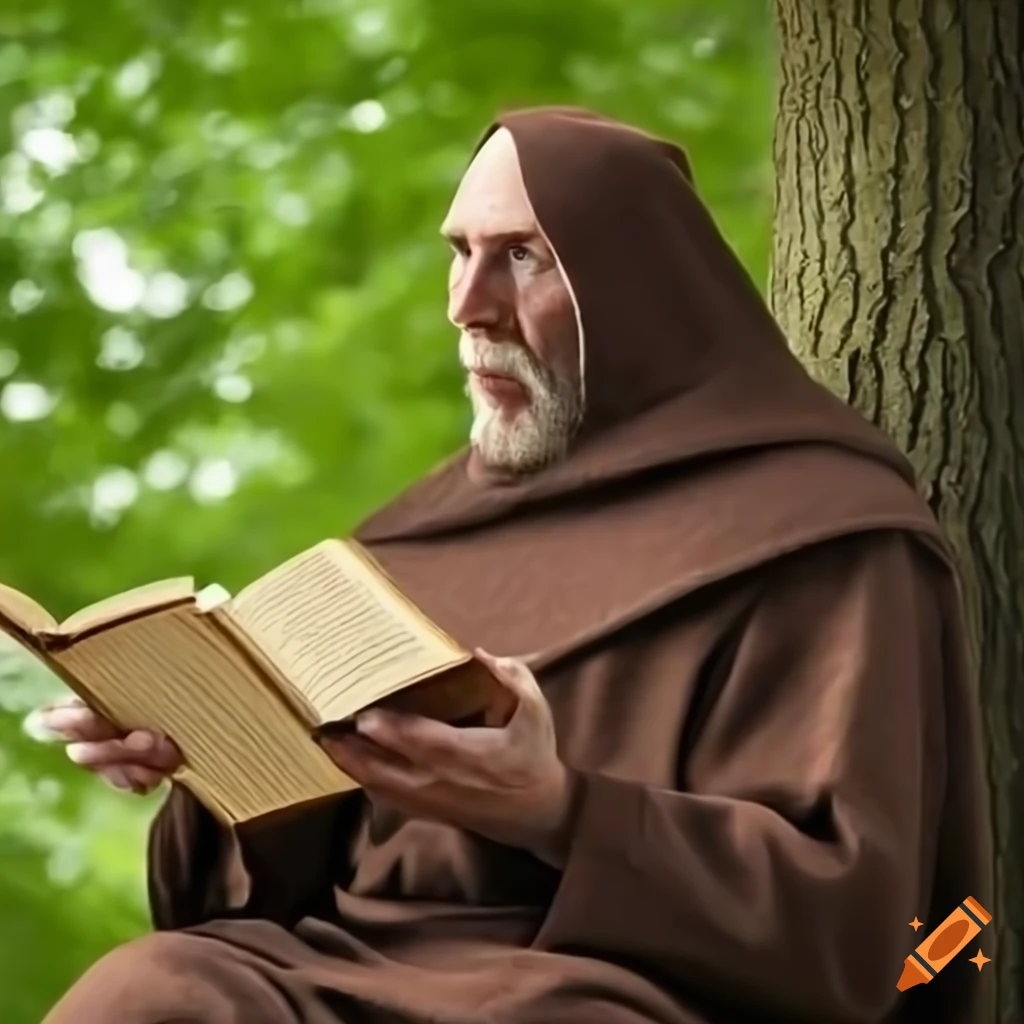 Medieval monk reading a book under a tree with a shocked expression