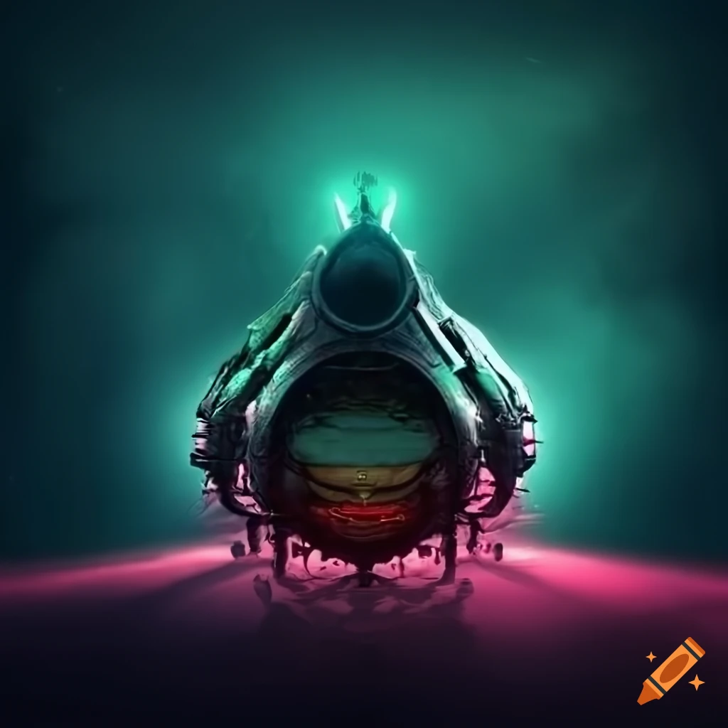 Surrealist aliens inside asymmetrical organic spaceship with strange machines and light boards