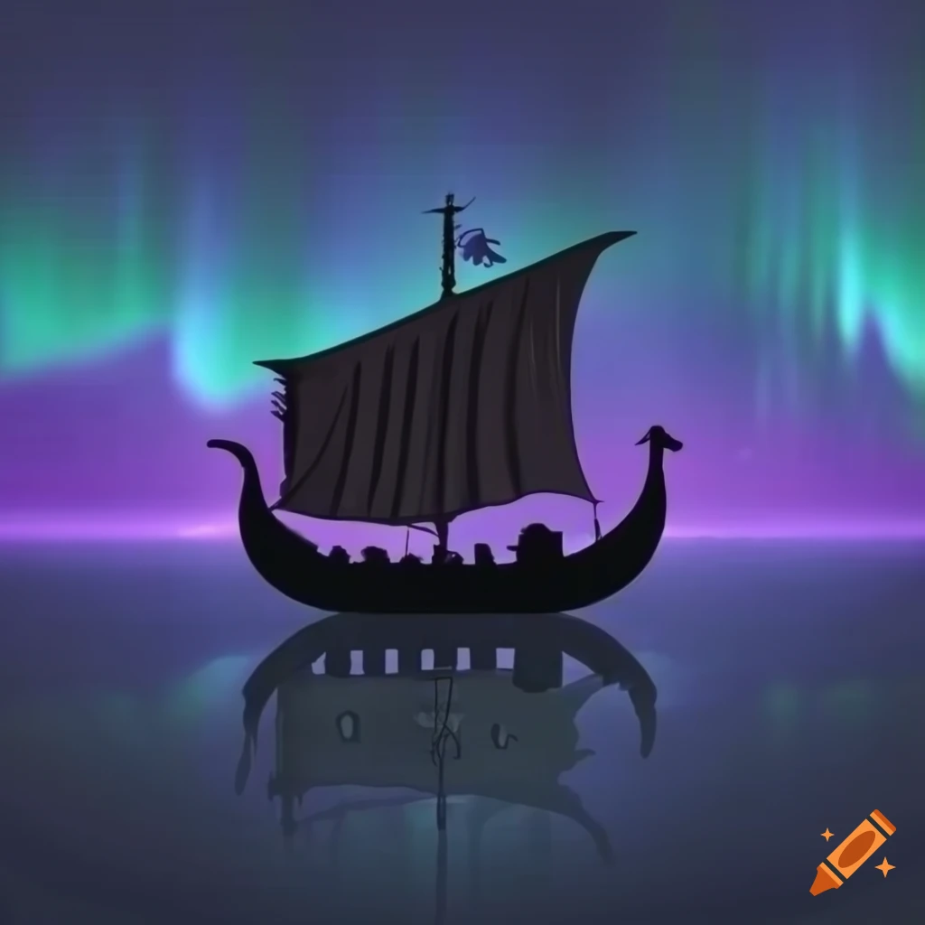 Silhouette of a Viking ship against an aurora light background