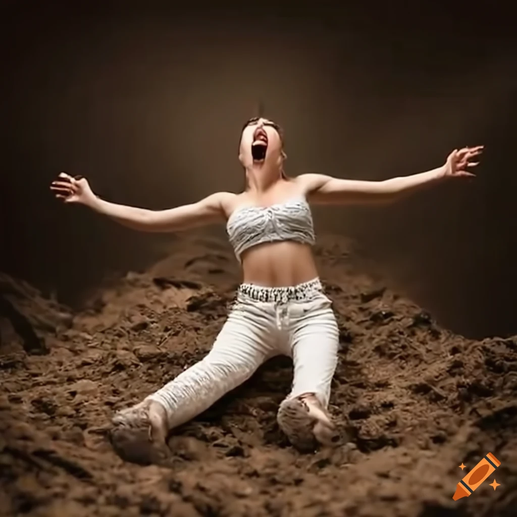 Woman in white jeans sliding down a steep muddy hill screaming
