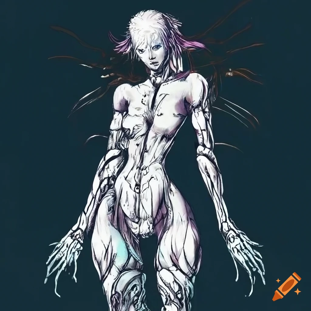 Detailed black ink cyborg with high-tech features and watergreen hair in a white bodysuit
