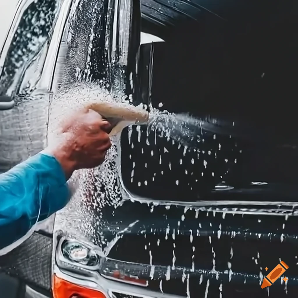 Person washing a large delivery truck in a car wash