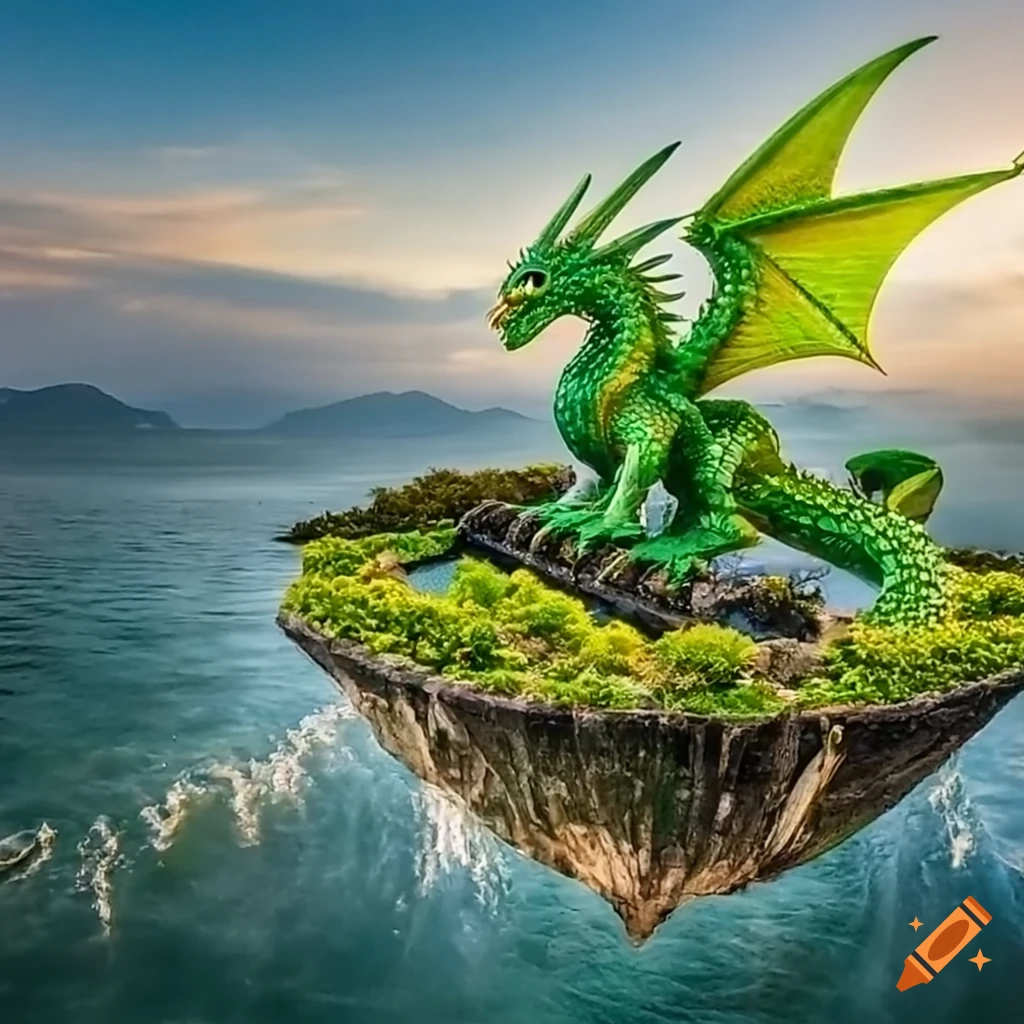 Green dragon on a floating island with waterfalls and soft lighting