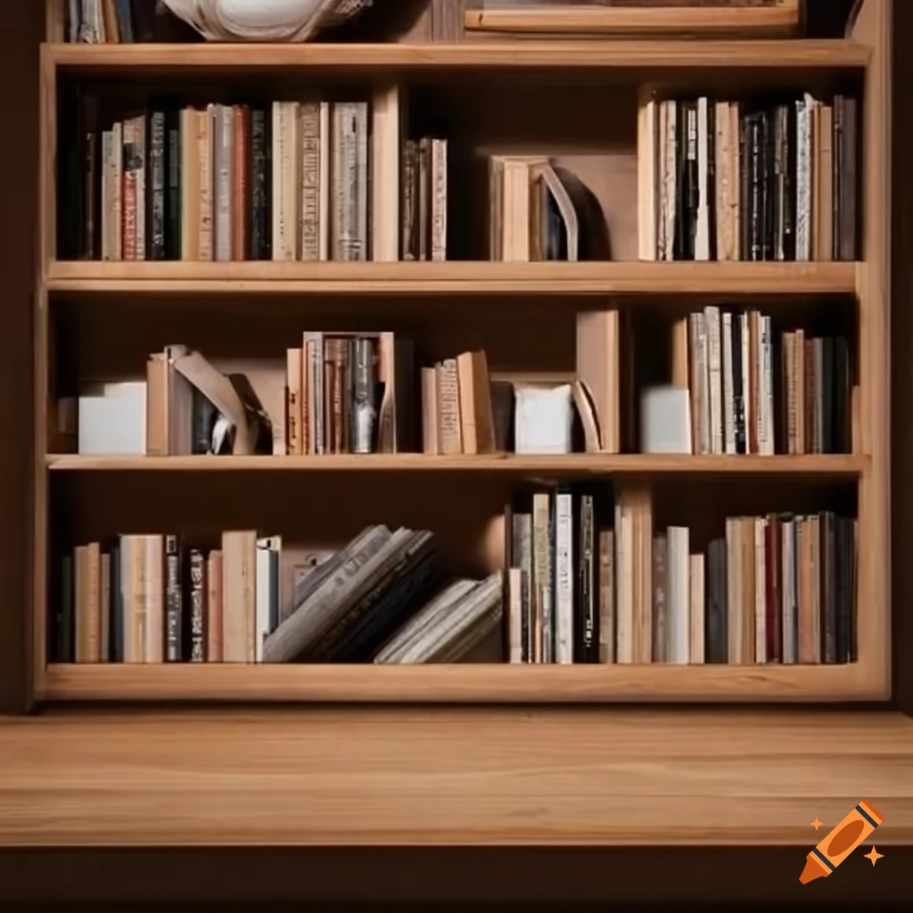 Room with a brown wooden library filled with different books with varied covers