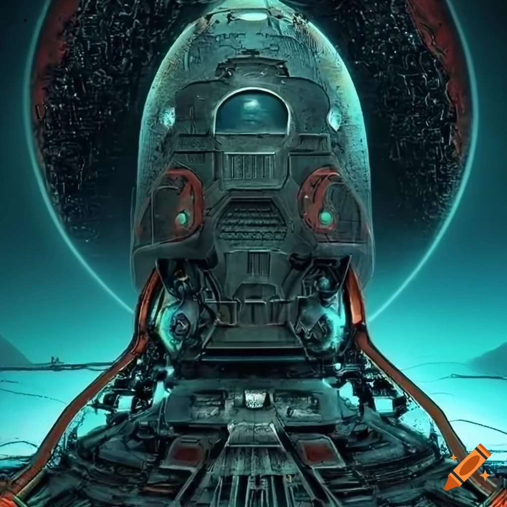Surrealist aliens exploring inside asymmetric organic spaceship with strange machines