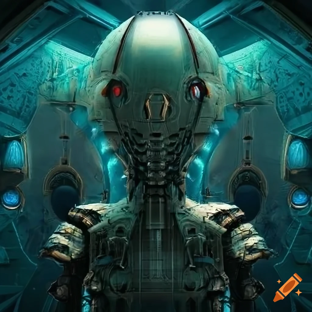 Surrealist aliens exploring inside asymmetric organic spaceship with strange machines