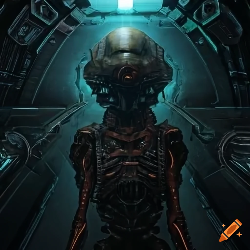 Surrealist aliens inside an organic spaceship with strange machines and light boards