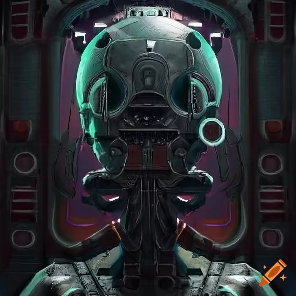 Surrealist alien visit inside organic spaceship with strange machines and light boards