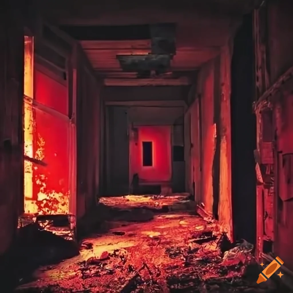 Abandoned storage room with film rolls in red flames