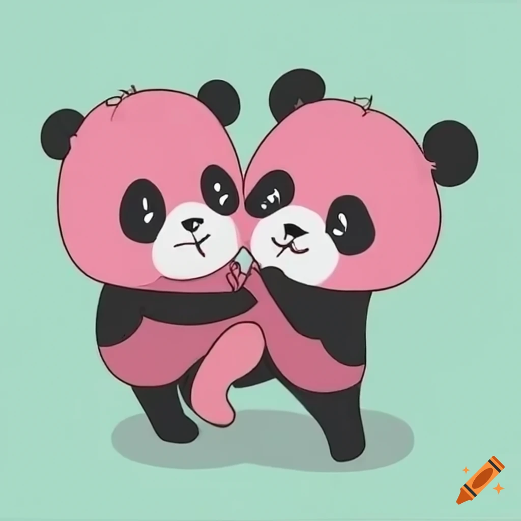 Pink Panda holding hands with two adult pandas, feeling happy