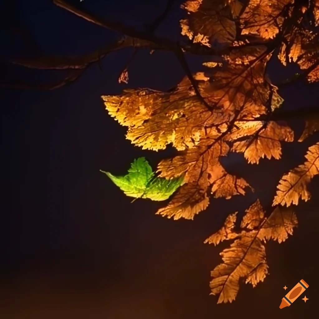 Leaves on branch in a lighted night scene