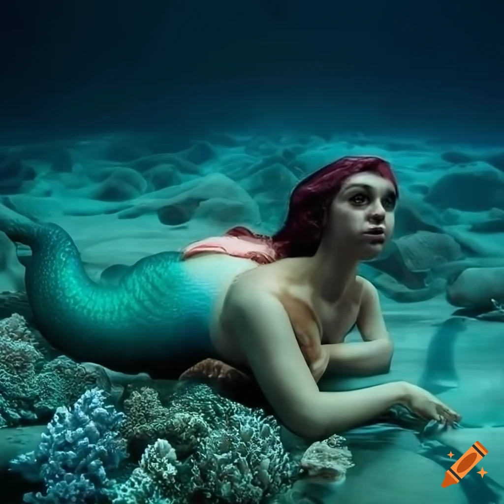 Shell-shaped bed in ocean with swimming mermaids, fish, and coral