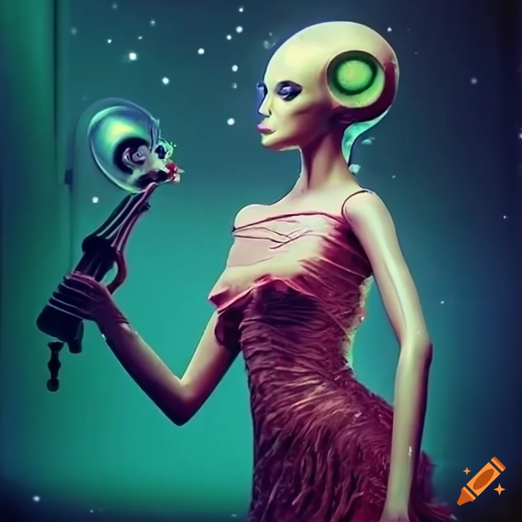 Surrealist aliens inside an asymmetrical organic spaceship with vintage Christmas show featuring The Fabulettes