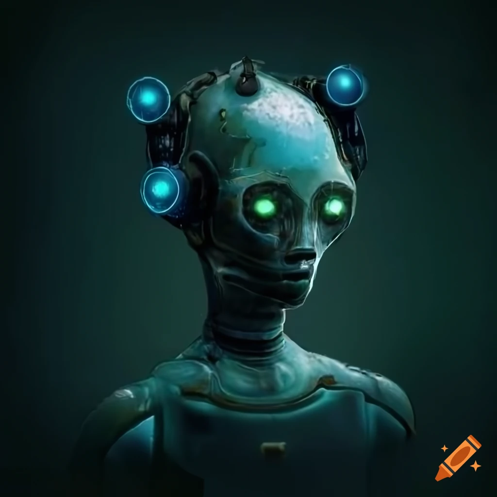 Surrealist aliens exploring an asymmetrical organic spaceship with strange machines and light boards