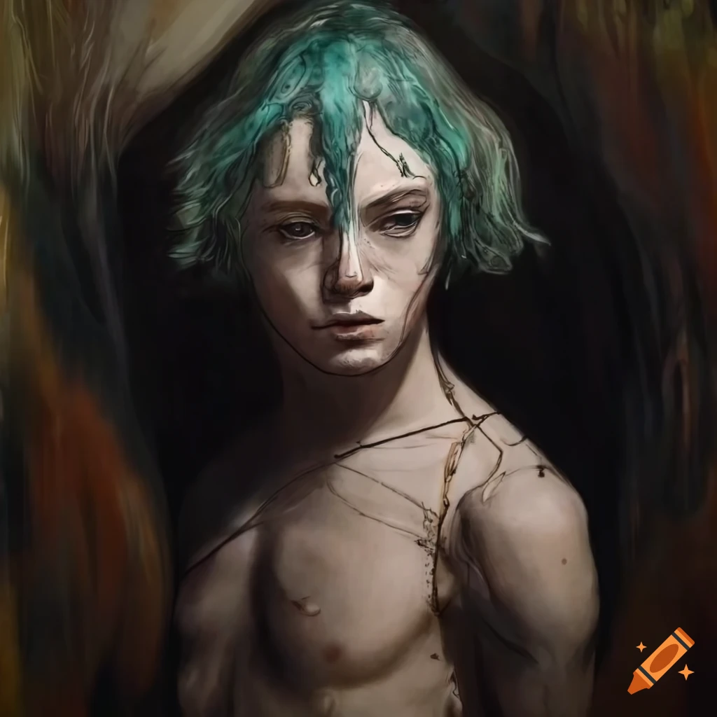 Detailed black ink illustration of a young male cyborg in a high-tech bodysuit with watergreen hair