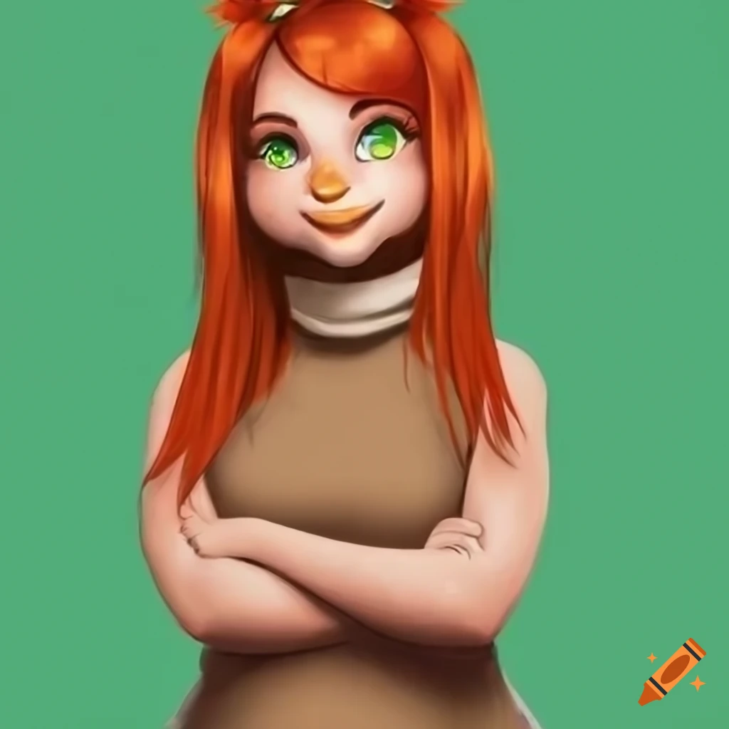 Chubby duck girl with red hair and green eyes in Disney style