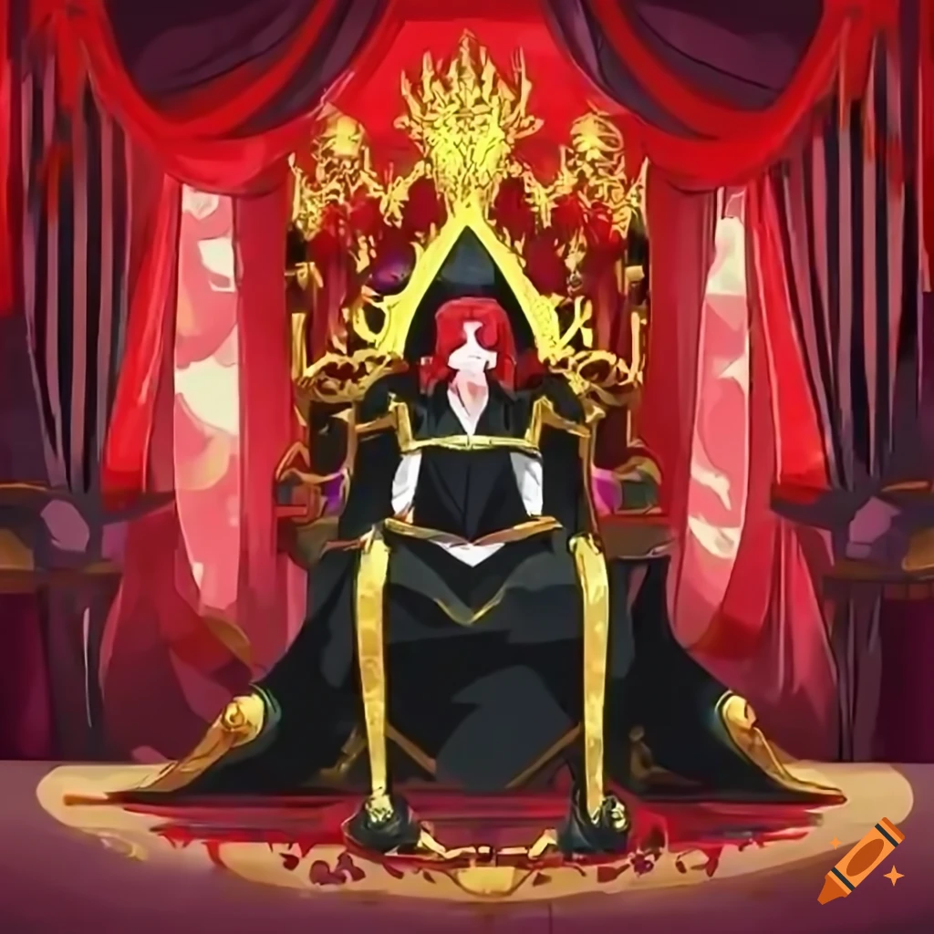 Anime style young male emperor seated on throne with sword, red crystal room