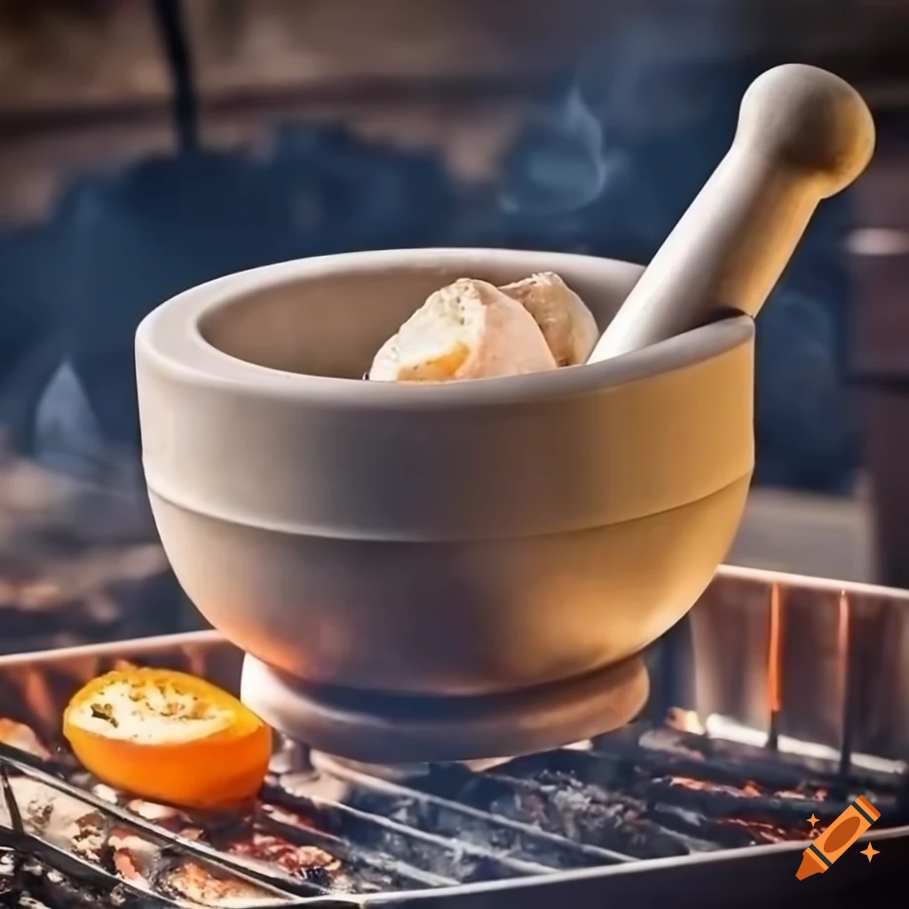 Mortar and pestle roasting food on barbecue stove