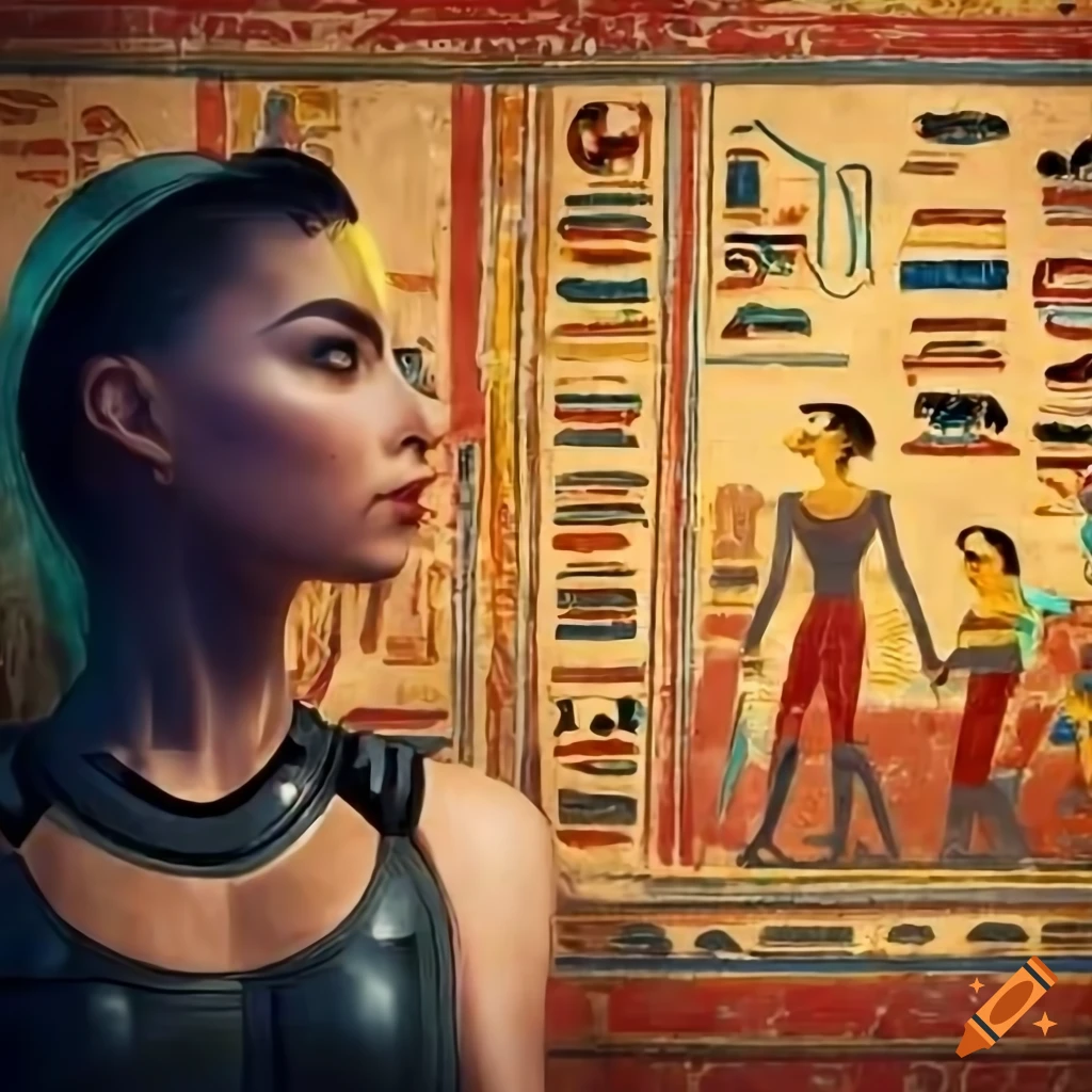 Female explorer in futuristic spacesuit observing Egyptian painting on tomb wall